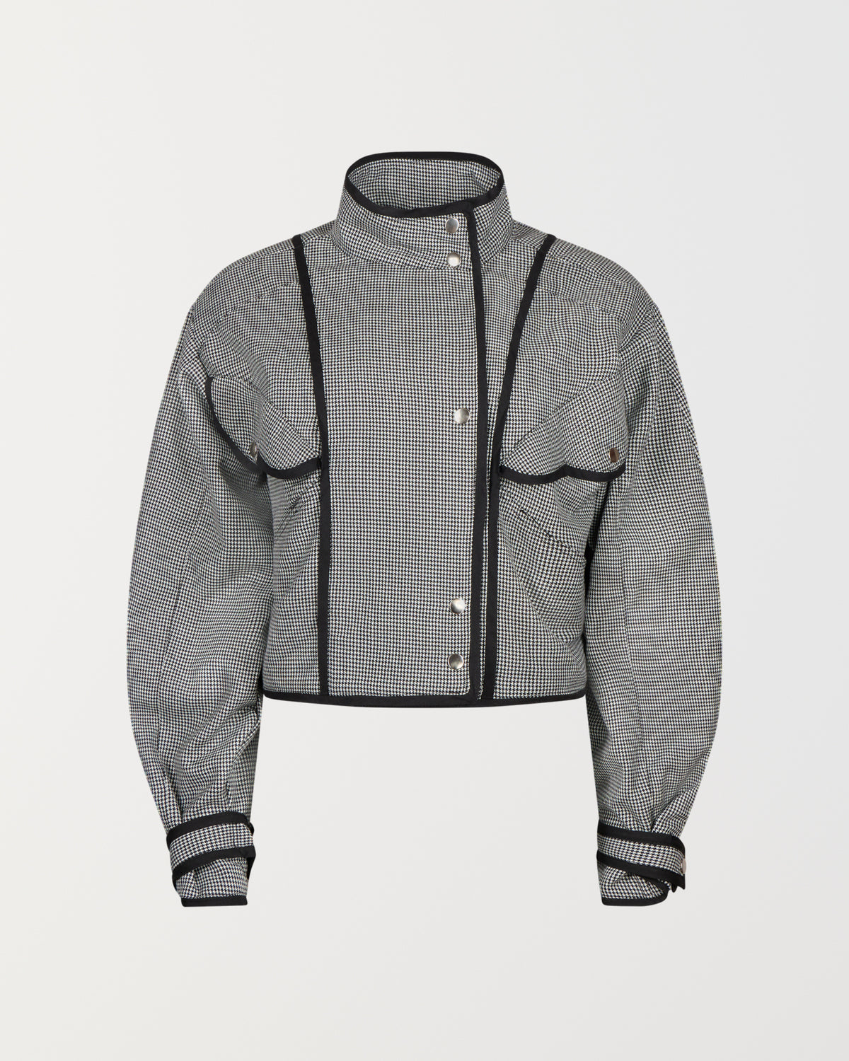 Stadion Gibson coach jacket in houndstooth, front view with black bound seams and chest pockets