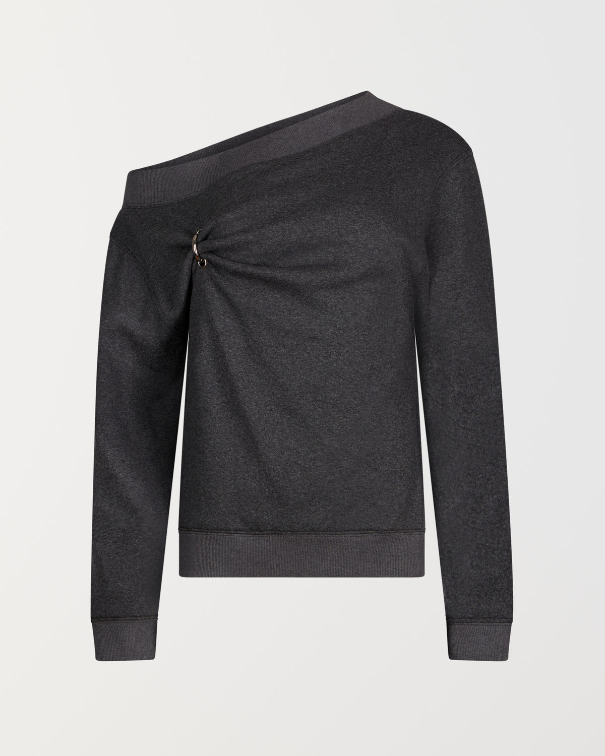 Stadion Grab sweater in charcoal knit, front view, asymmetric off-shoulder neckline