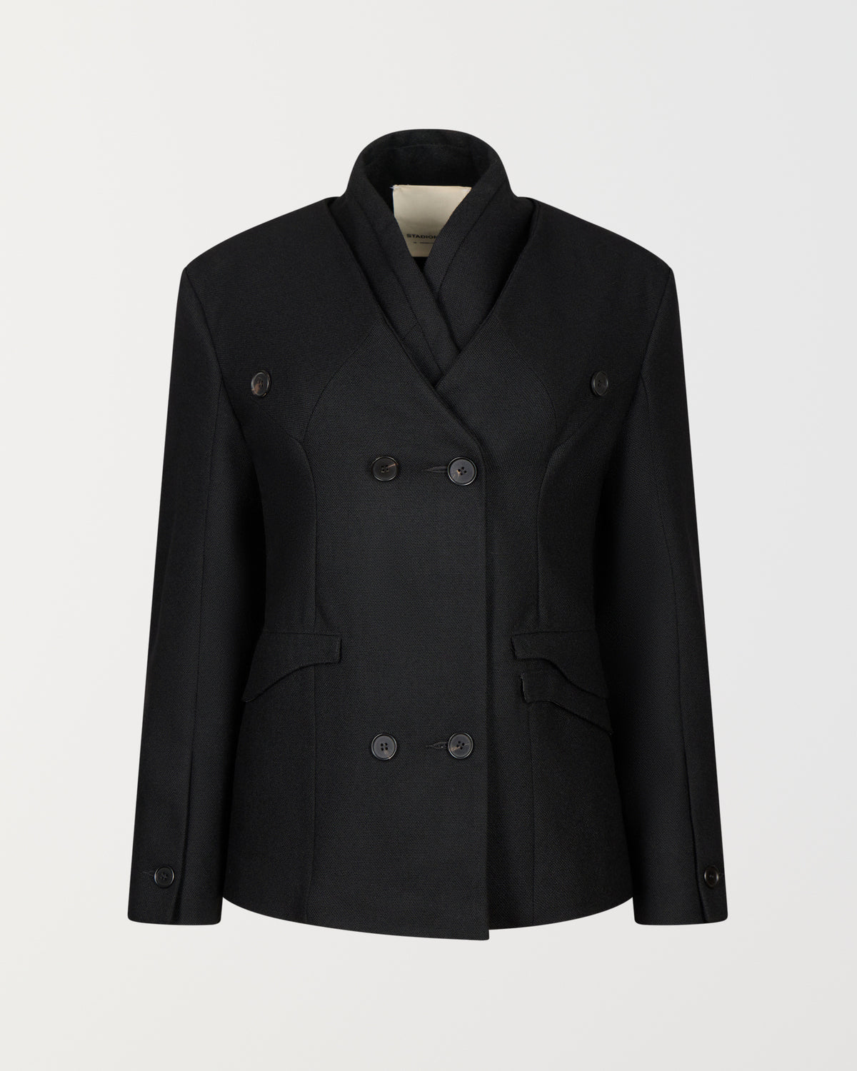 Stadion Haiden jacket in black, front view, double breasted with four buttons and welt pockets