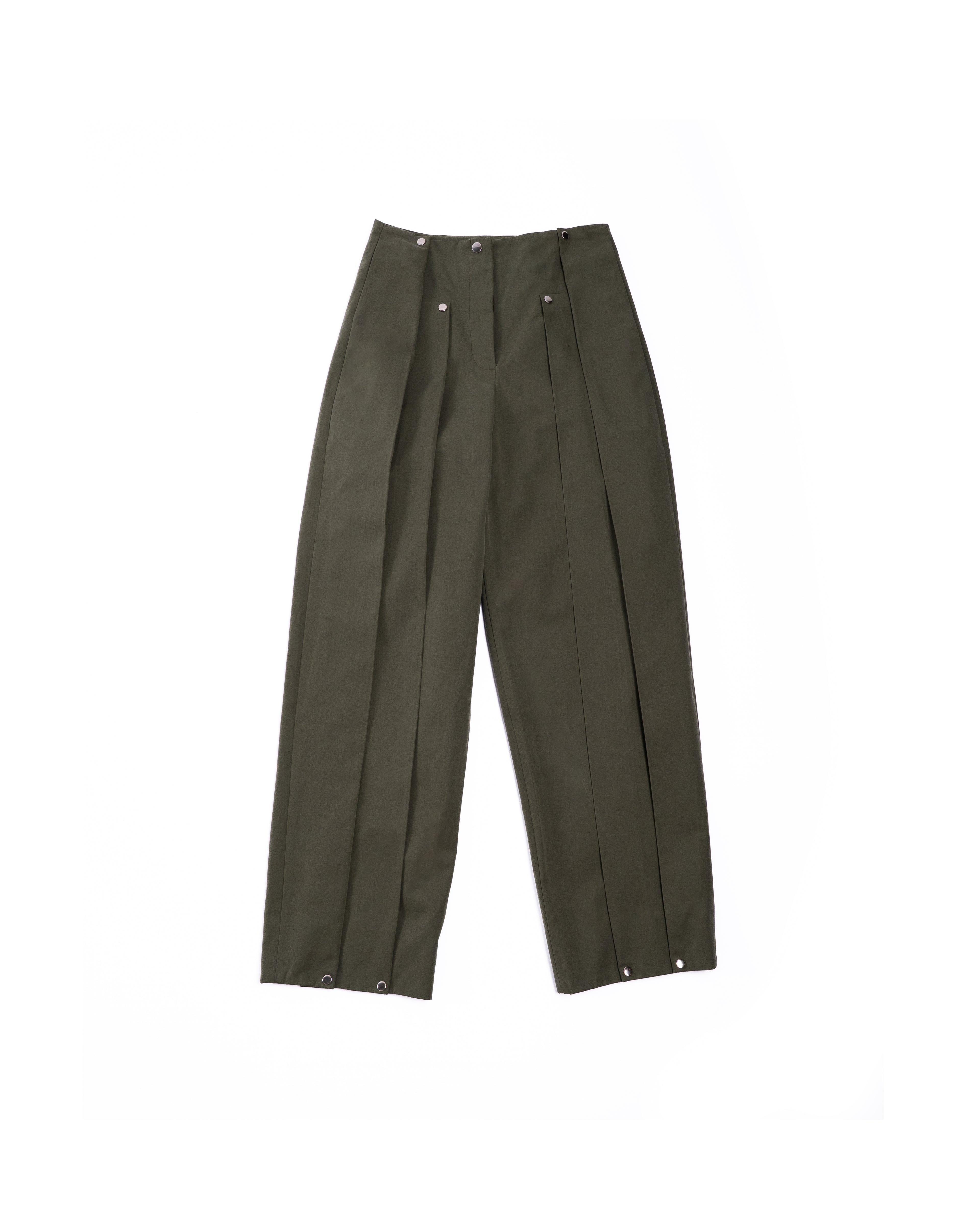 Flat lay of Double Pleat Trouser front showing pleats and structure.