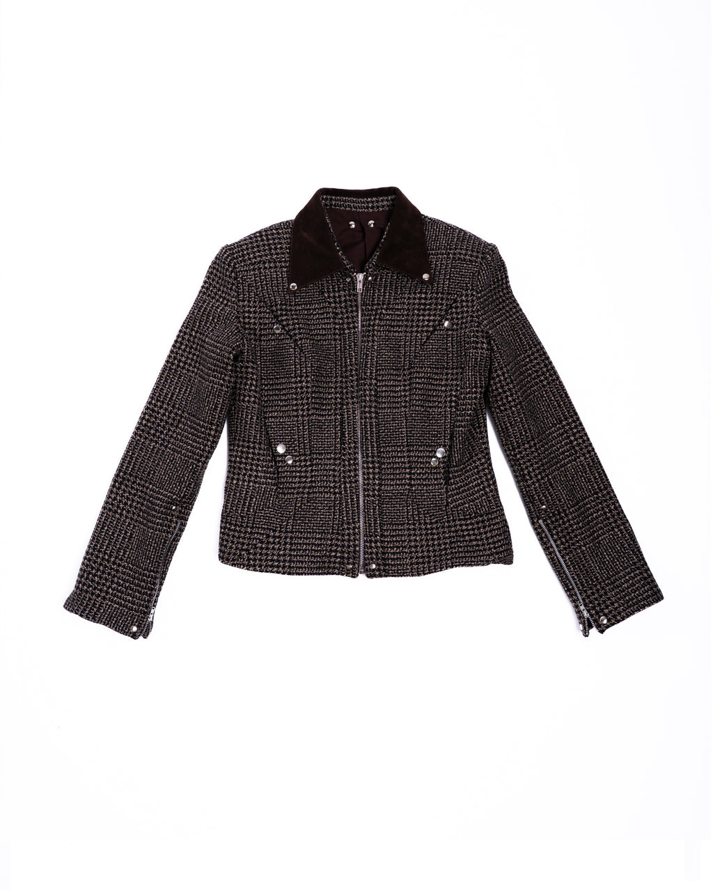 Flat lay of Lukret Coach Jacket front view with suede collar and snap placement.