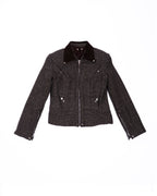 Flat lay of Lukret Coach Jacket front view with suede collar and snap placement.