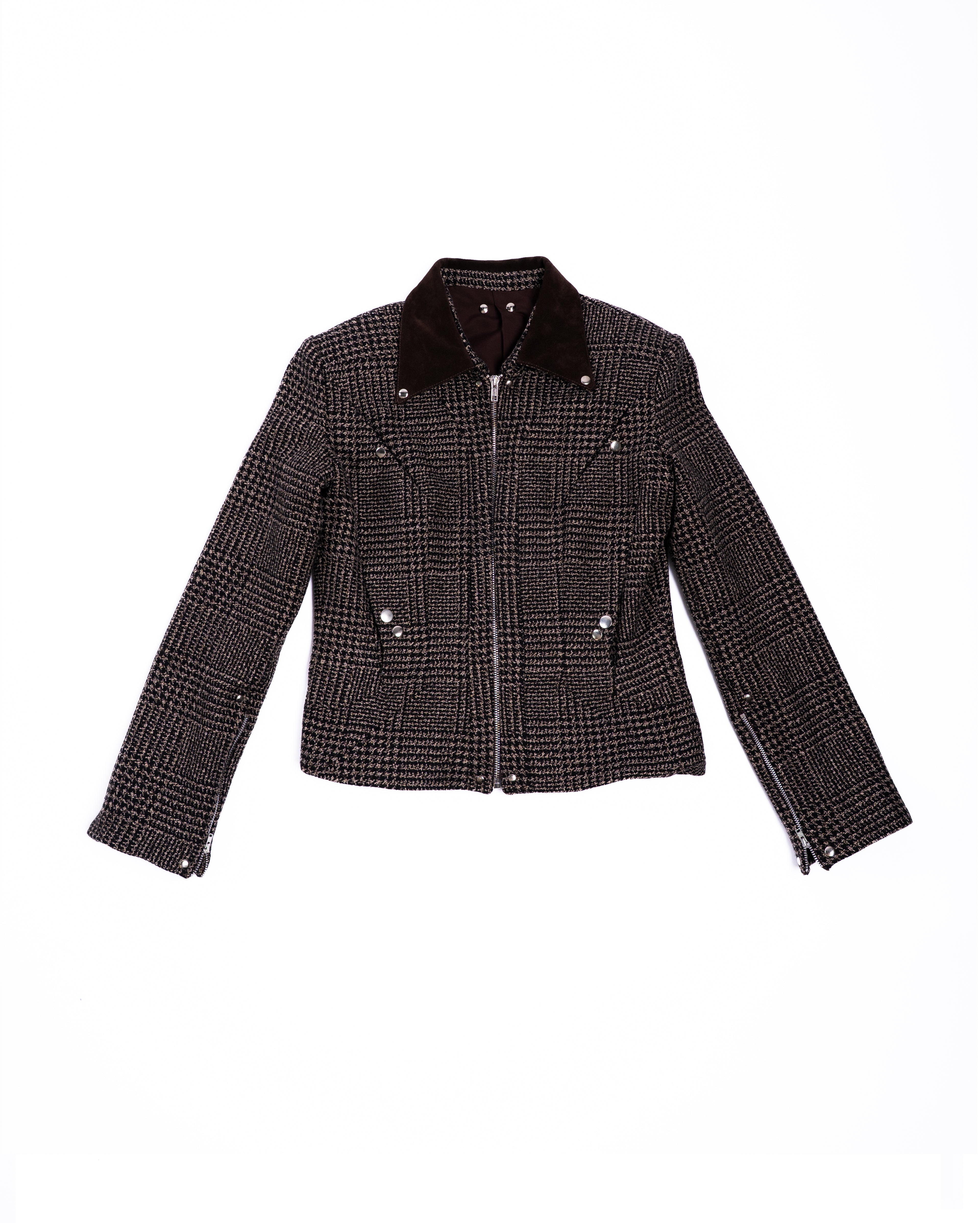 Flat lay of Lukret Coach Jacket front view with suede collar and snap placement.