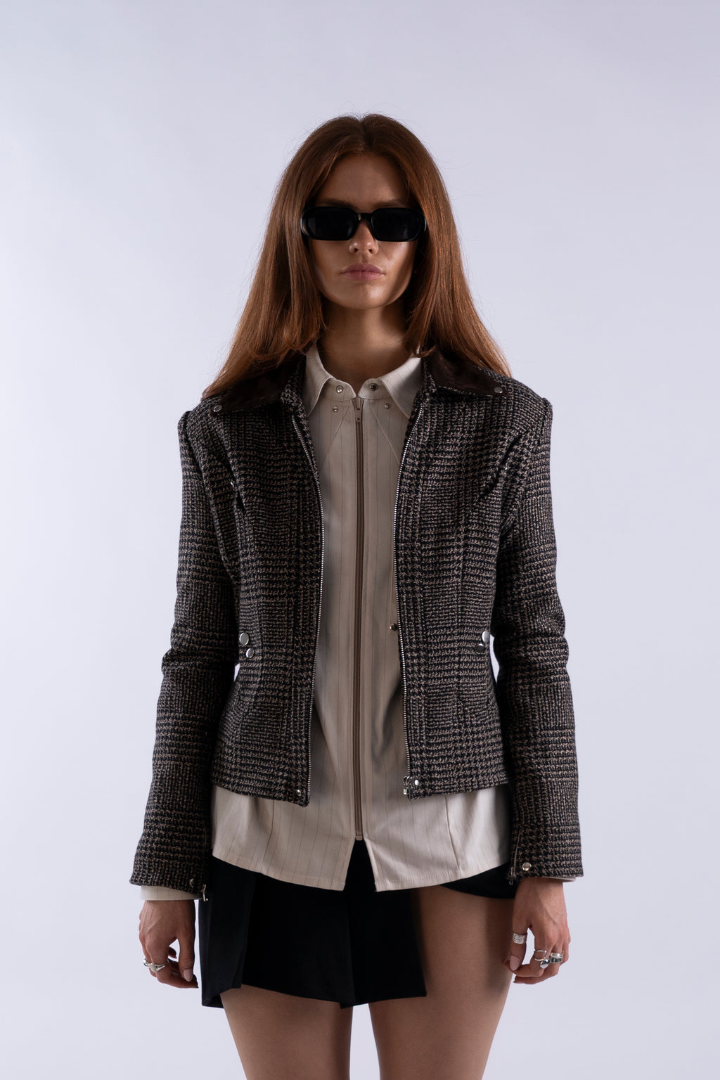 Front view of Stadion Lukret Coach Jacket showing plaid wool texture and suede collar.