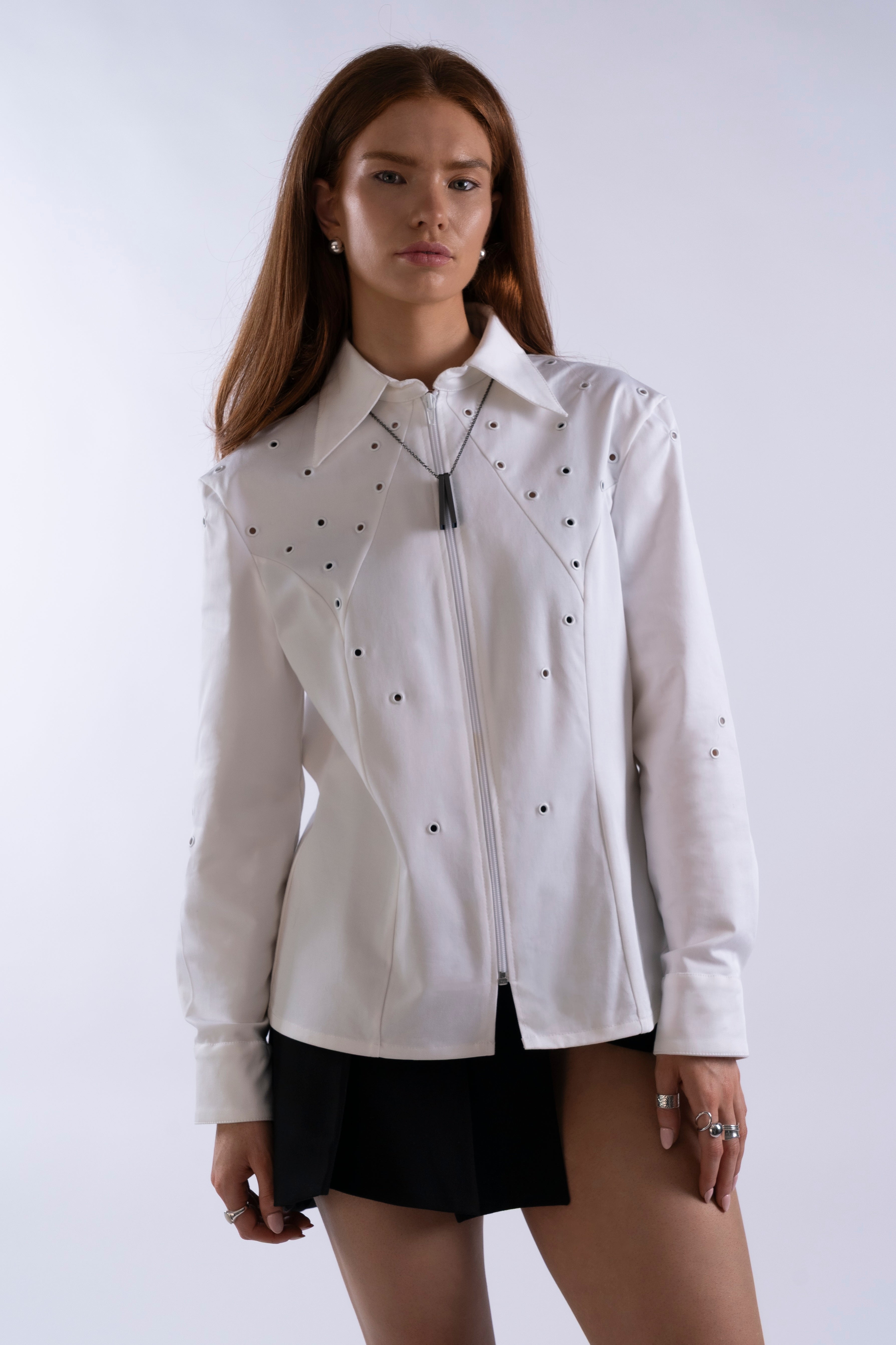 Side angle of Stadion Oculus Shirt highlighting tailored form and collar structure.