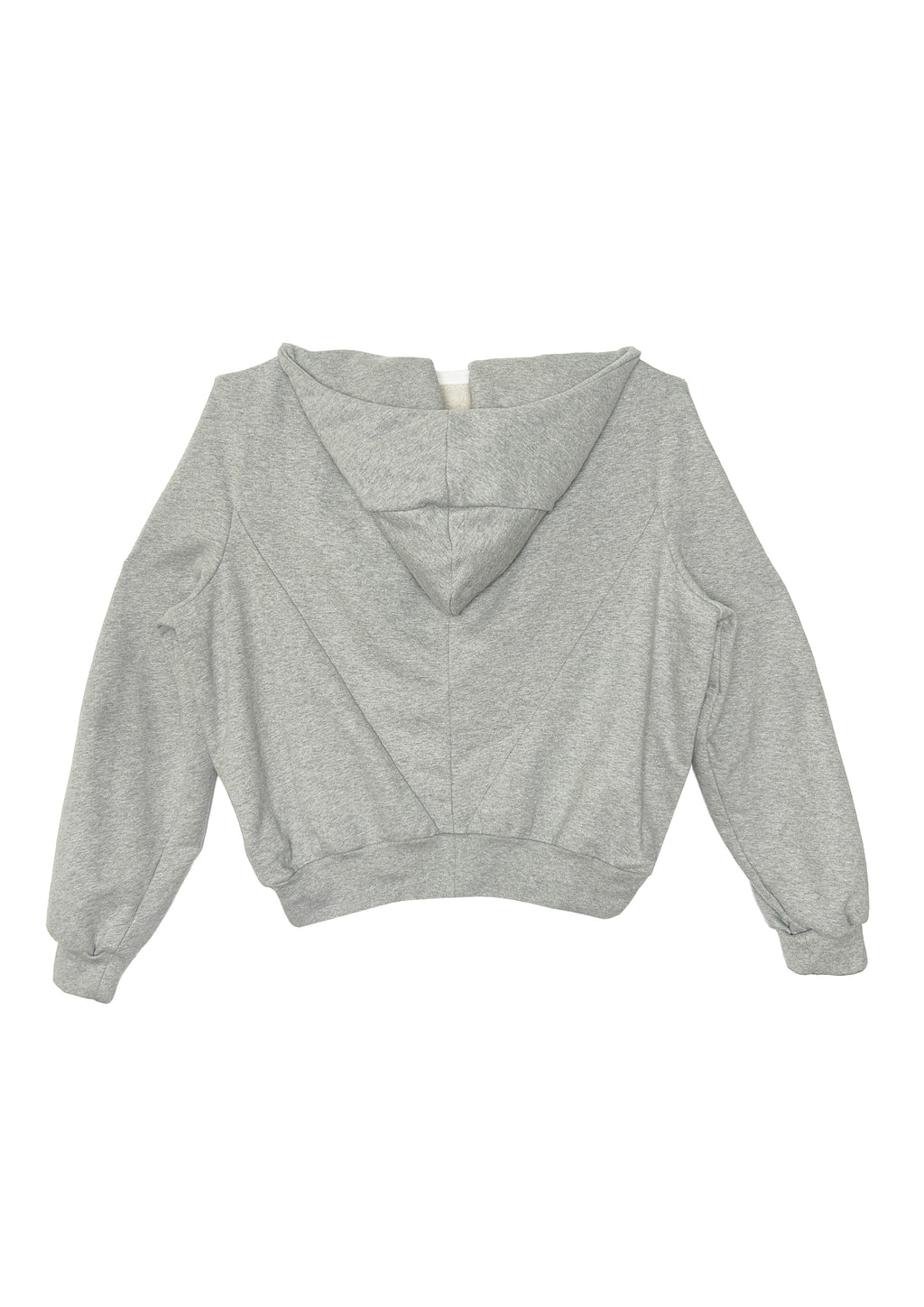 Flat lay of grey STN Collegiate Hoodie by Stadion showing back panel structure and premium cotton loopback fabric.