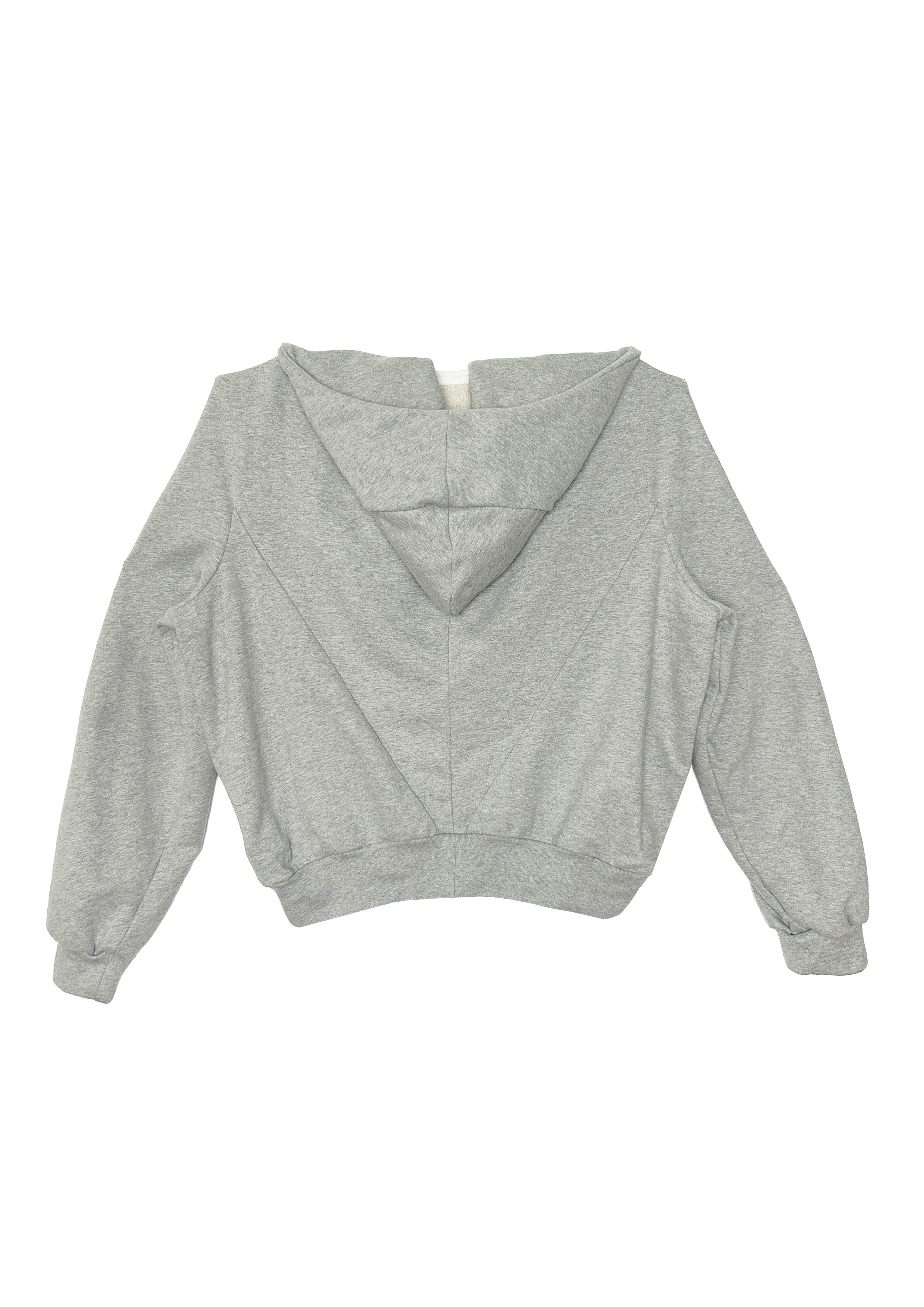 Flat lay of grey STN Collegiate Hoodie by Stadion showing back panel structure and premium cotton loopback fabric.