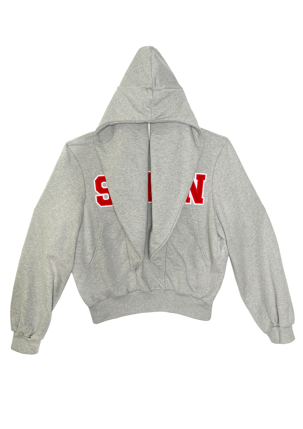 Flat lay of grey STN Collegiate Hoodie by Stadion showing back view with oversized hood and red collegiate lettering.
