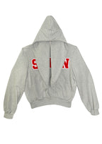 Flat lay of grey STN Collegiate Hoodie by Stadion showing back view with oversized hood and red collegiate lettering.