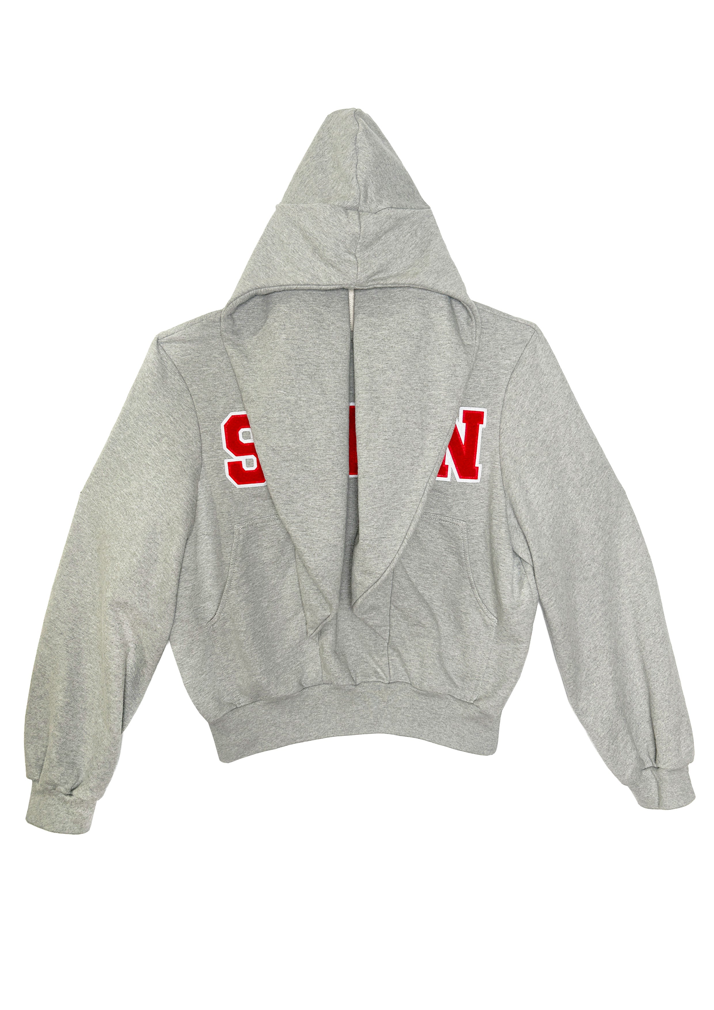 Flat lay of grey STN Collegiate Hoodie by Stadion showing back view with oversized hood and red collegiate lettering.