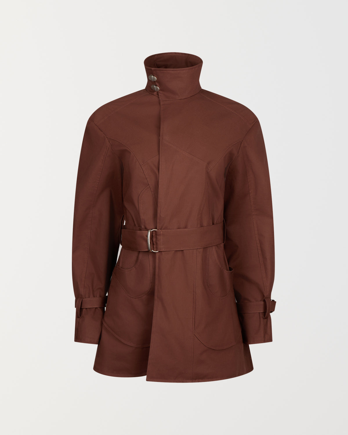 Stadion Sylvia trench dress in brown, front view with the belt fastened at the waist